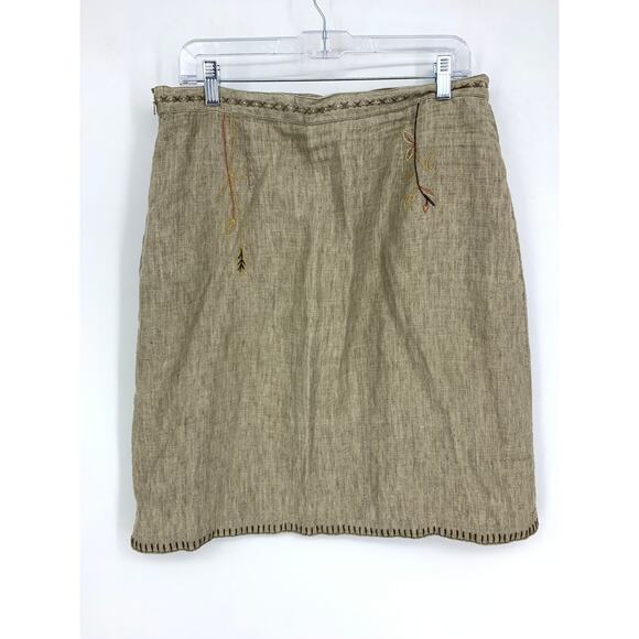 Vintage J. Jill A-Line Skirt Womens 14P Khaki Linen Embroidered Leaf Print - Picture 4 of 4